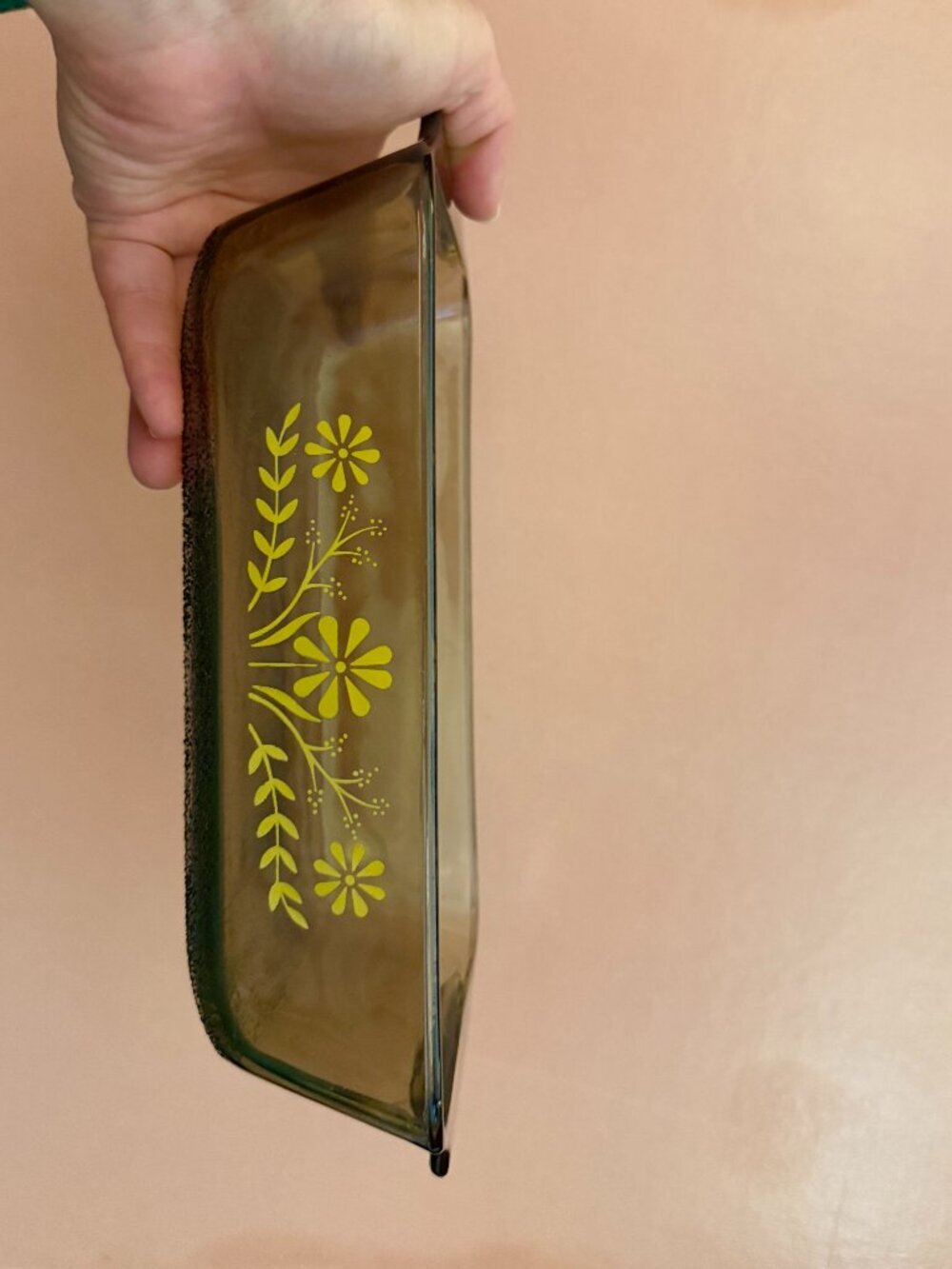 Vintage Corning Ware Smoked Brown Glass Loaf Pan Gold Floral Retro Bakeware